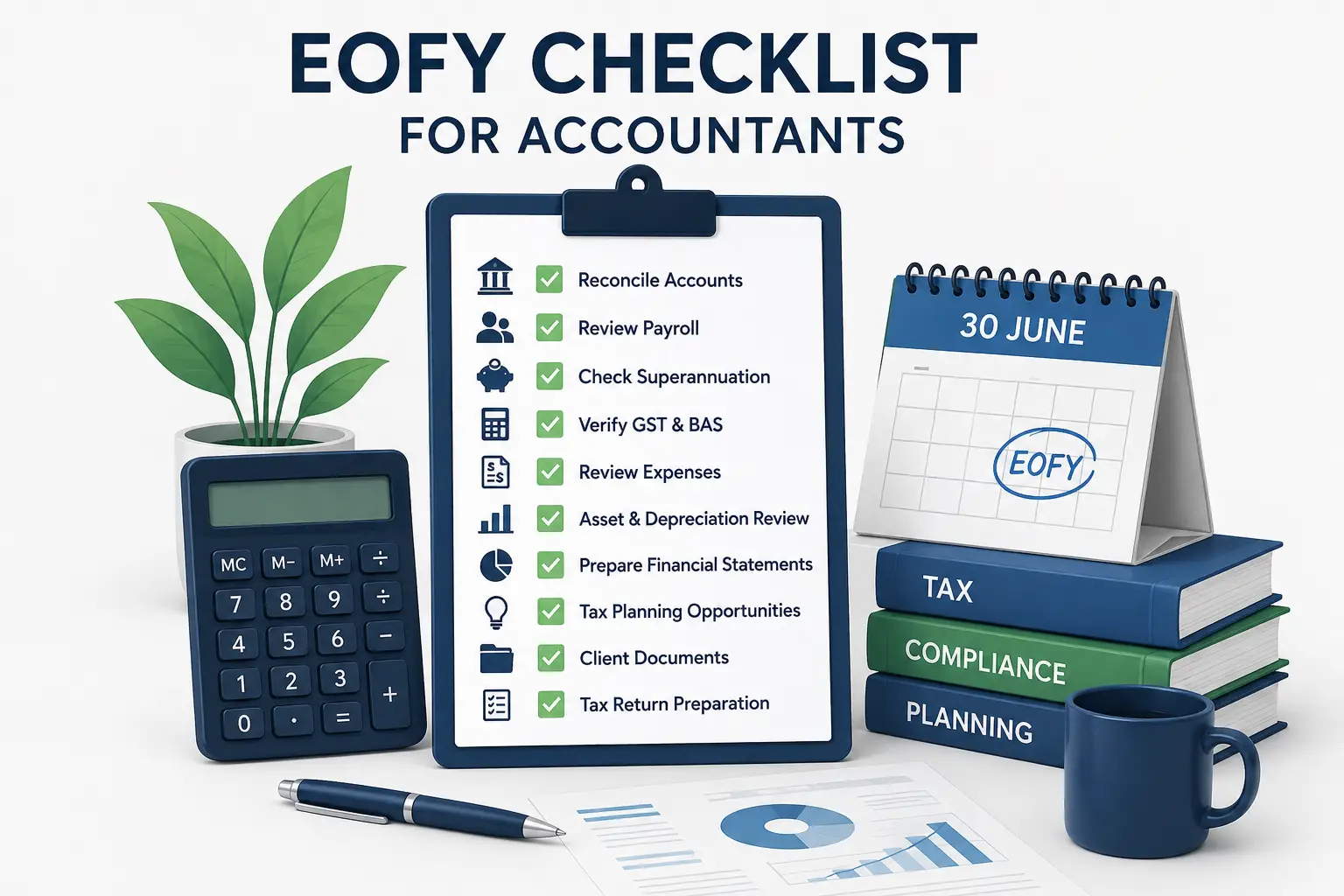 EOFY checklist for accountants in Australia featuring a clipboard with year-end accounting tasks, calculator, financial reports, and 30 June calendar