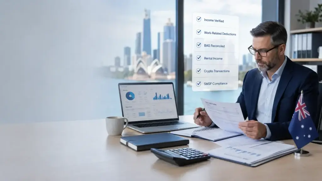 Accountant reviewing Australian tax return documents and compliance checklist to identify common ATO tax return audit red flags.