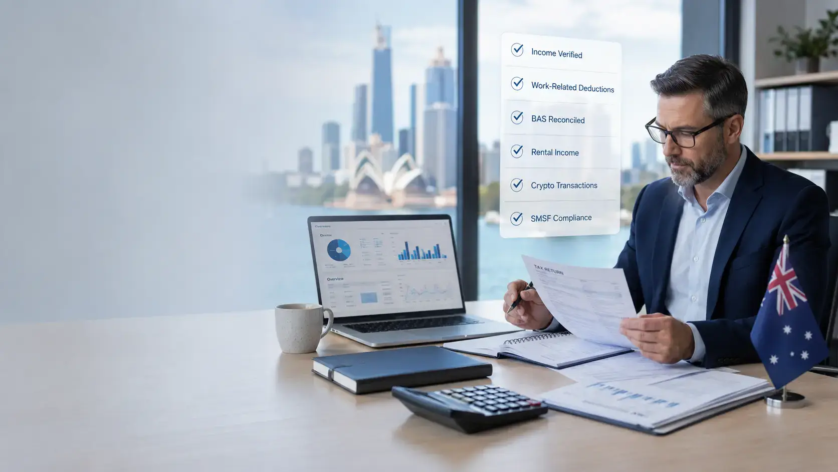 Knowledge Space-sg 4 Accountant reviewing Australian tax return documents and compliance checklist to identify common ATO tax return audit red flags.